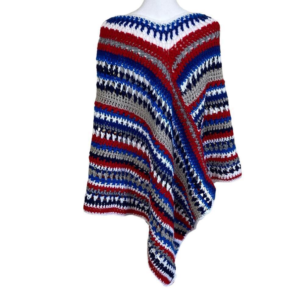 Handmade Boho Chunky Open Knit Crochet Poncho Patriotic Colors Textured OS - Picture 7 of 16